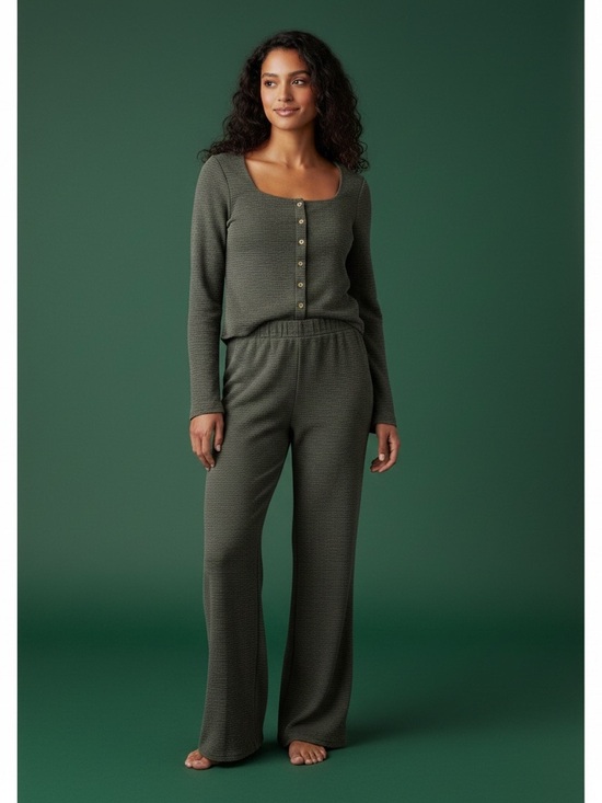 Gilli Pants - Gilli Olive Textured Knit Two-Piece Set - Scoop Neck Button Top & Flare Pants